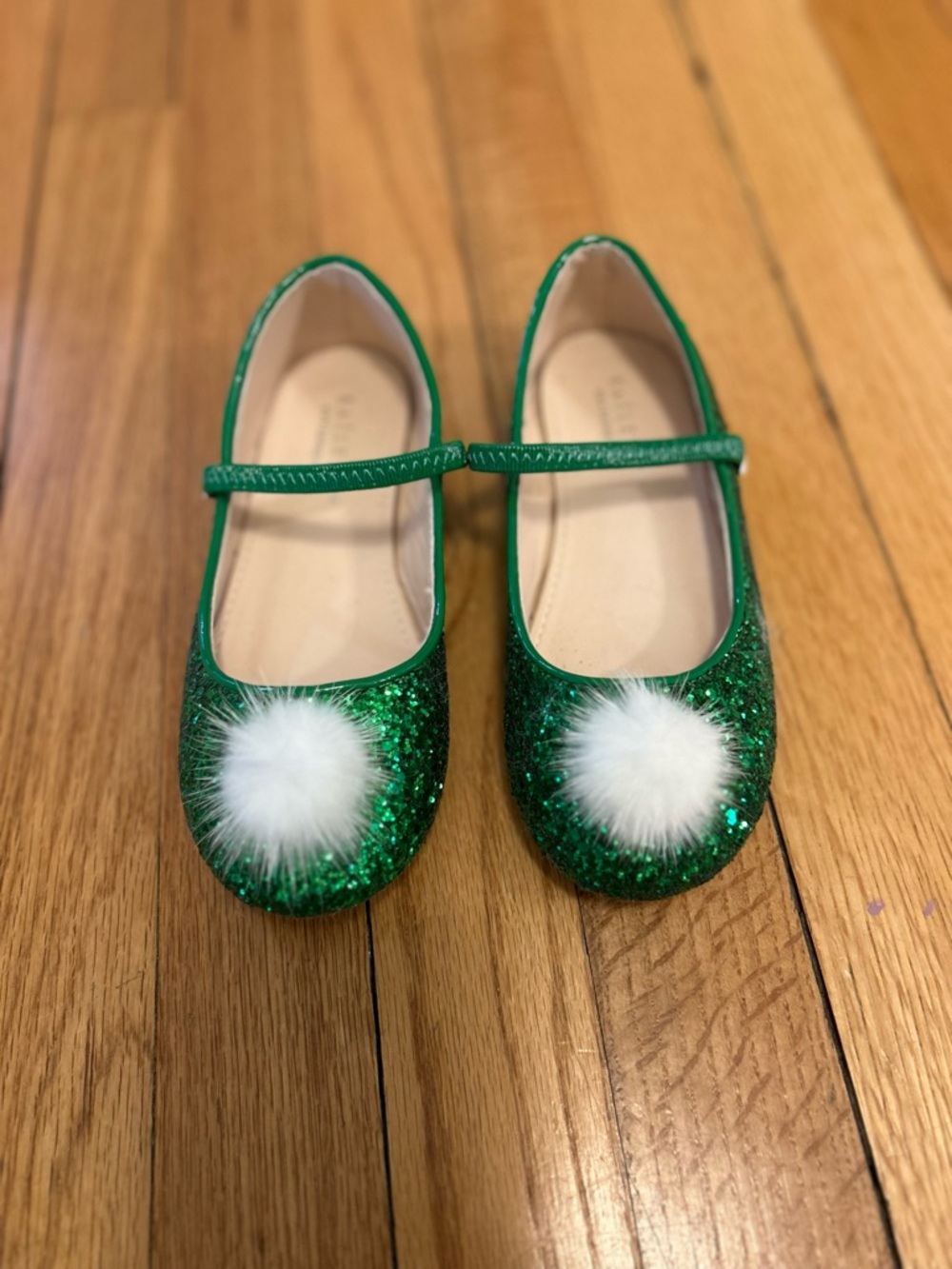 Kailee P brand Rock Glitter Mary Jane Ballet Flats with White Faux Fur Puff - Picture 2 of 9